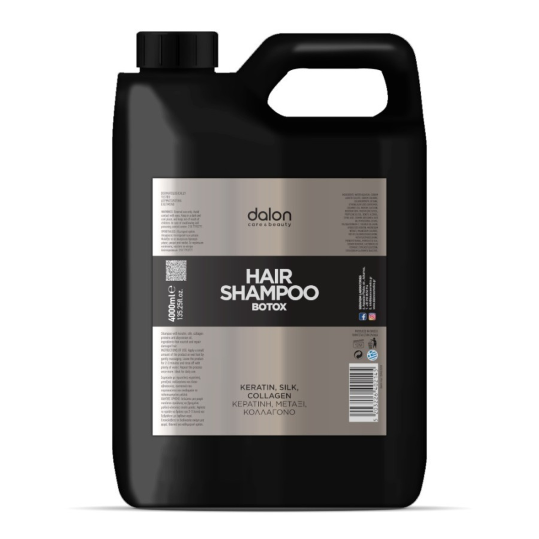 Dalon Shampoo botox 4lt με πρωτεΐνες κερατίνης, μεταξιού, κολλαγόνου και έλαιο αβησσυνίας, συστατικά που περιποιούνται και αναδομούν τα ταλαιπωρημένα μαλλιά.